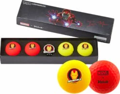 Volvik Vivid Marvel 2.0 4 Pack Golf Balls Iron Man Plus Ball Marker Red/Yellow