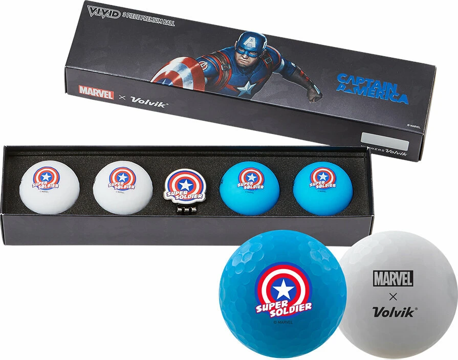 Volvik Vivid Marvel 2.0 4 Pack Golf Balls Captain America Plus Ball Marker White/Blue 1 Volvik Vivid Marvel 2.0 4 Pack Golf Balls Captain America Plus Ball Marker White/Blue